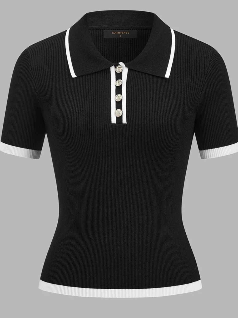Commense Ribbed Knit Short Sleeve Polo Top